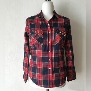 BNWOT Forever 21 Studded Plaid Button Down Shirt Red and Navy Long Sleeves Top